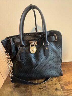 Michael Kors Classic Black Perforated Tote with Gold Hardware